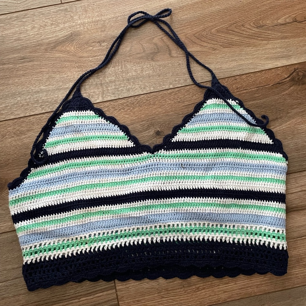 NWT Aerie Crocheted Blue Teal White Knit Tank Top Halter Top Swim Suit Cover
